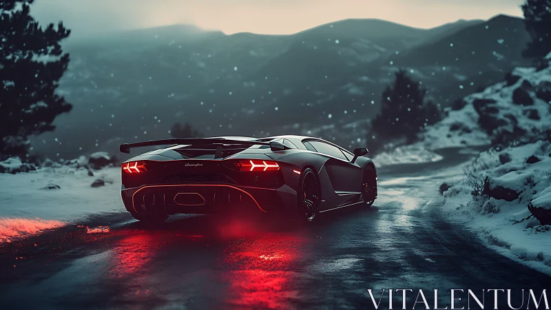Sports car on snowy mountain road at dusk with red lights.