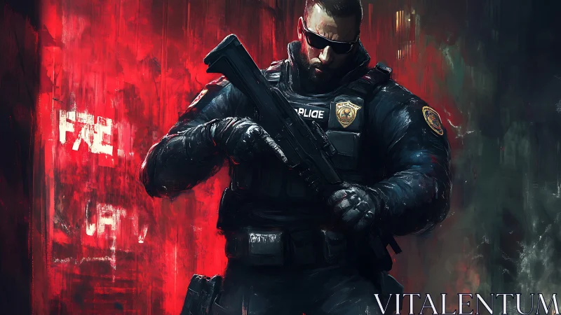 Midnight riot police sentinel steadies his pulse in neon storms