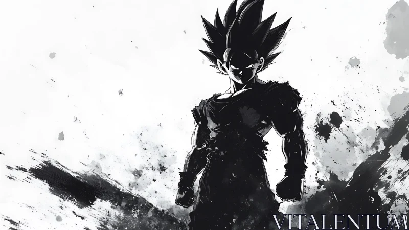 Ink-splashed anime warrior rising from swirling shadows.