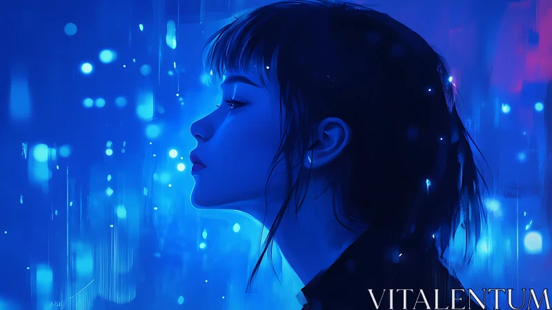 Solitary blue-lit profile studies quiet focus in neon haze