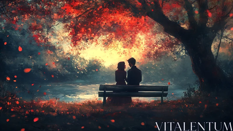 Two Figures Seated on Bench Beneath Luminescent Arboreal Canopy.