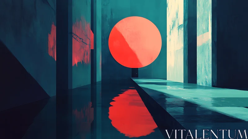 Geometric red sun glows in a surreal teal corridor.