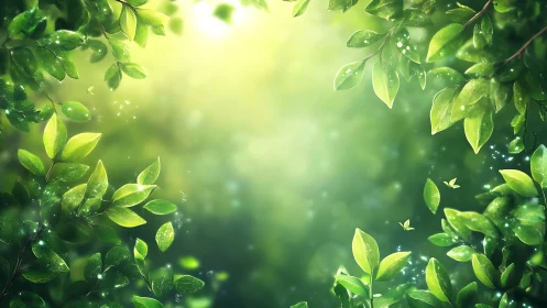 Sunlit forest leaves framing bright green glade opening.