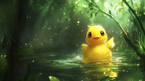 Luminous cartoon duck buoyant in refracted forest shallows.