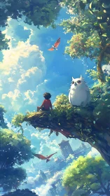 Child and large owl sit on elevated tree ledge above city