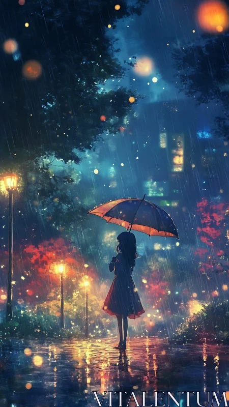Rainlit girl rewrites city night beneath glowing umbrella