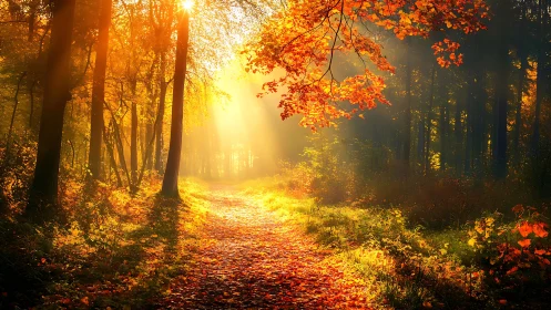Golden-Hour Forest Path with Backlighting, Autumn Foliage and Lens Flare