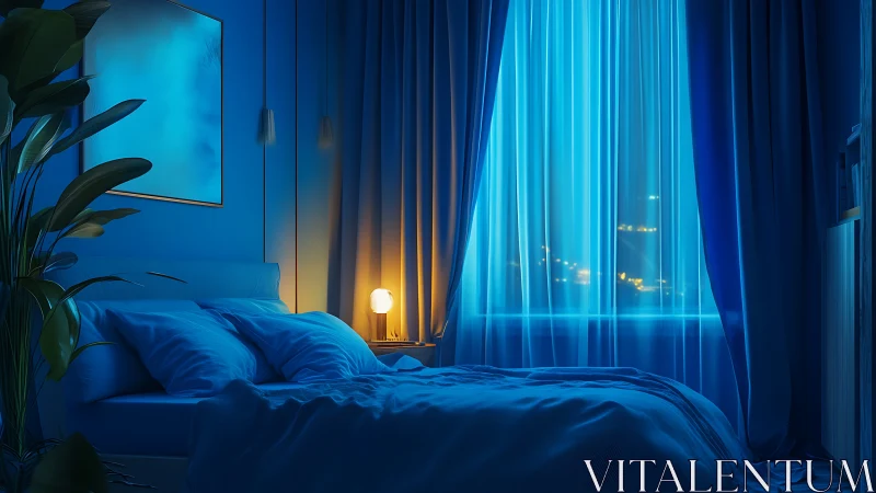 Soft blue bedroom glows with gentle night city light