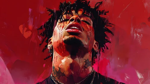 Expressive digital portrait in visceral crimson tonal palette