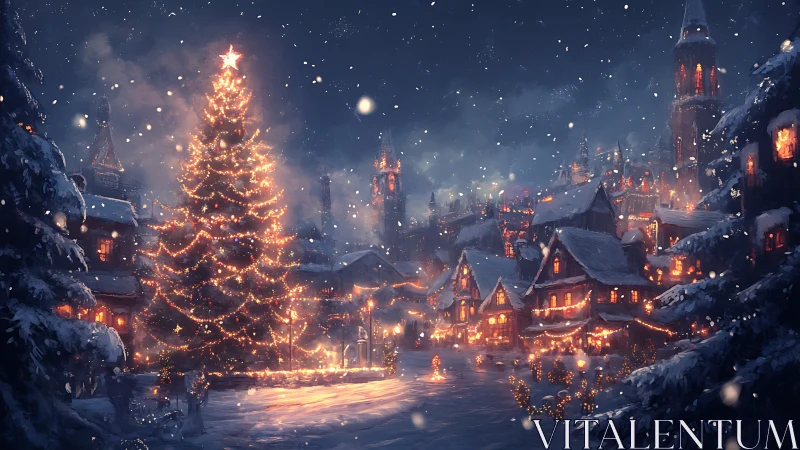 Snow-covered town square contains illuminated Christmas tree