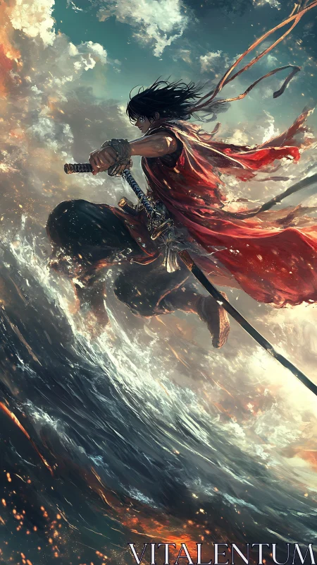 Storm-swept swordsman leaping above turbulent burning sea