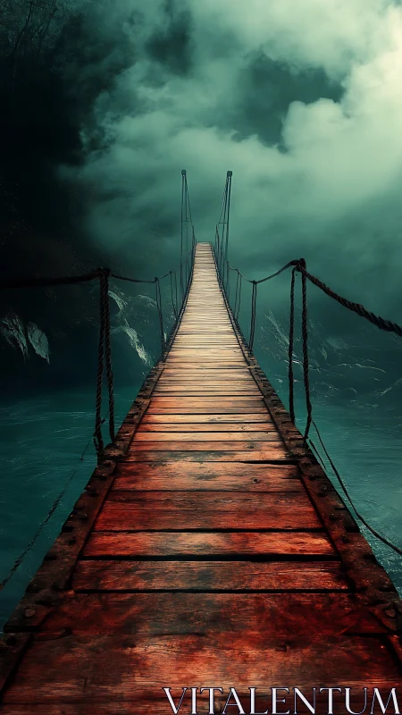 Suspension bridge into teal mist over dark ravine.