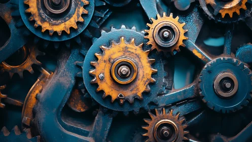 Rust-kissed clockwork gears whirring in teal steel embrace.