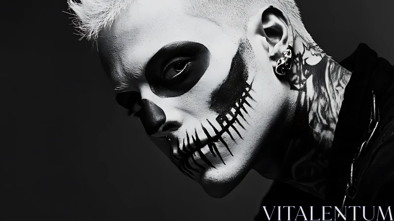 Monochrome portrait with skeleton face makeup and tattoos.