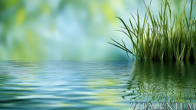 Tranquil pond with green grass and soft reflections, digital art.