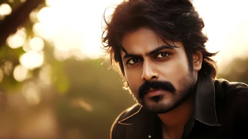 Bearded man with intense gaze in warm outdoor light.