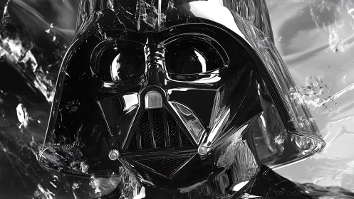 Gleaming dark helmet amid swirling silver reflections.