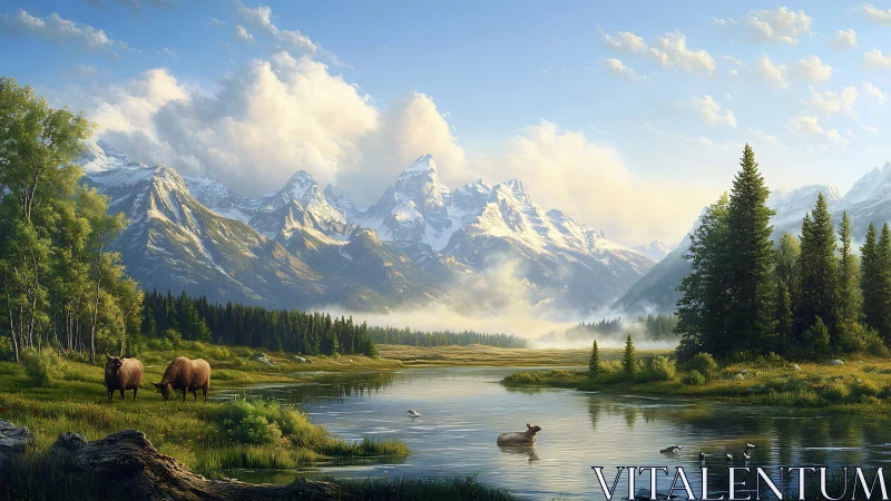 Mountain valley lake holds grazing elk under clear morning sky