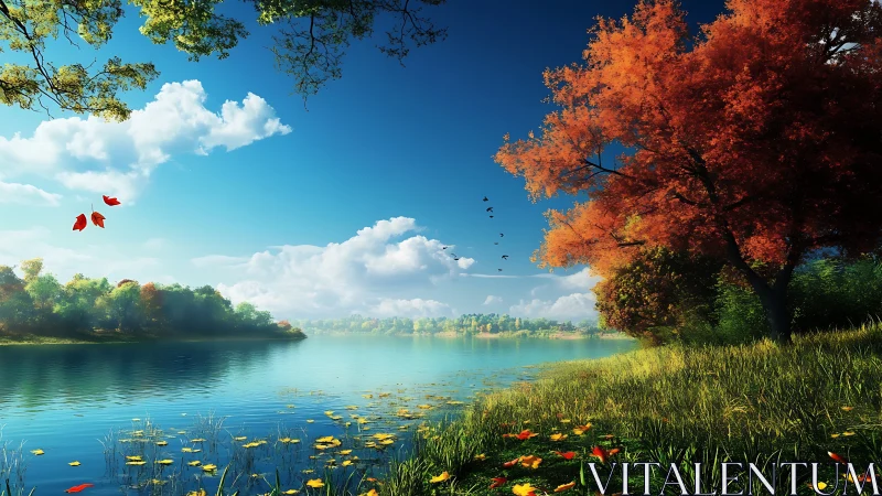 Lake shoreline shows autumn foliage against clear blue sky