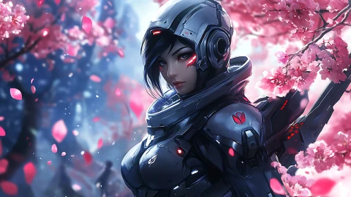 Cybernetic warrior stands among drifting cherry blossoms.