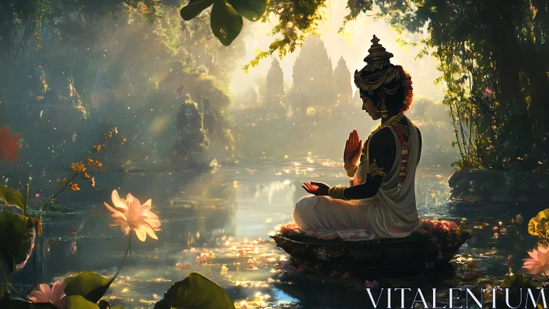 Meditating deity figure on lotus above reflective forest pool.
