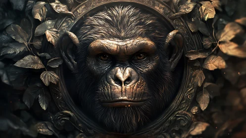 Highly detailed simian relief portrait with metallic foliage rim