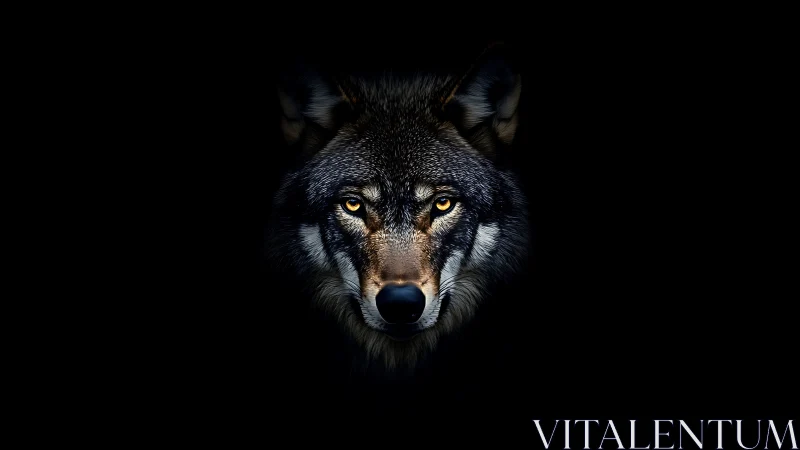 Wolf portrait emerges from black void with piercing gaze