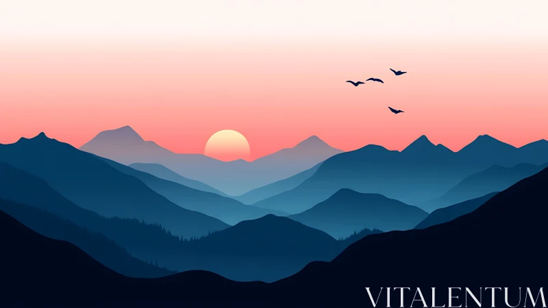 Layered blue mountains at coral sunrise with birds in flight.