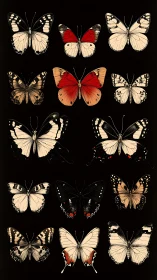 Vintage butterfly specimens on deep black entomology plate