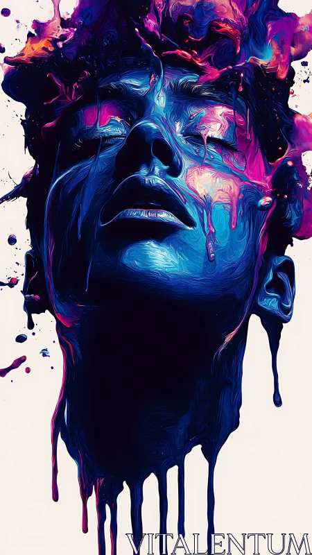 Vivid dripping portrait of a face in blue and magenta paint.