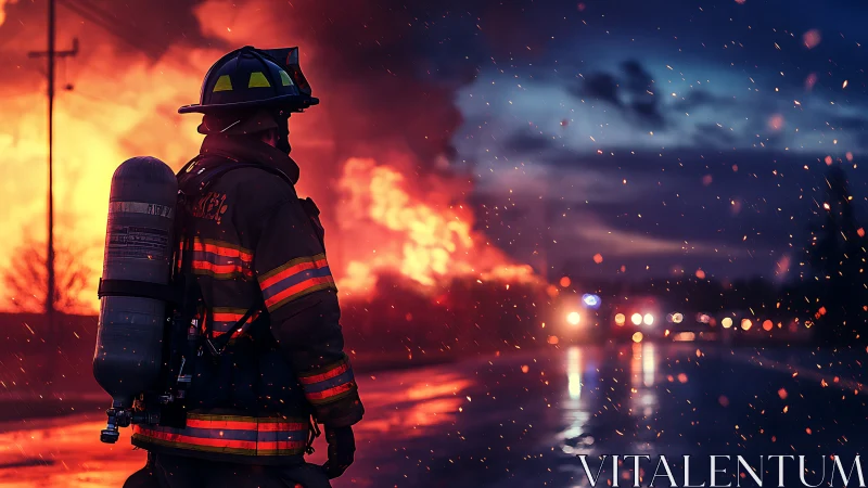 Firefighter positioned at major structural fire scene.