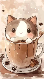 Adorable Cat Nestled in Steaming Chocolate Coffee Cup.