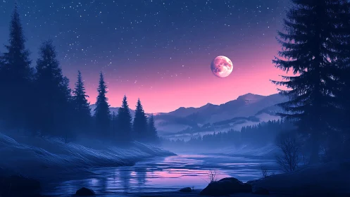 Enchanted moonlit river under a violet twilight sky.