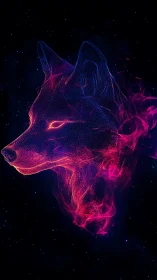 Neon wolf head outline is rendered with luminous particle trails