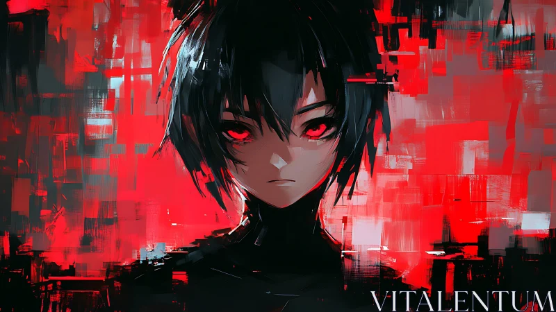 Digital portrait depicts central figure against red abstraction