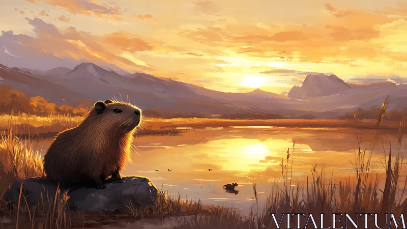 Capybara on lakeside rock at calm golden sunset.