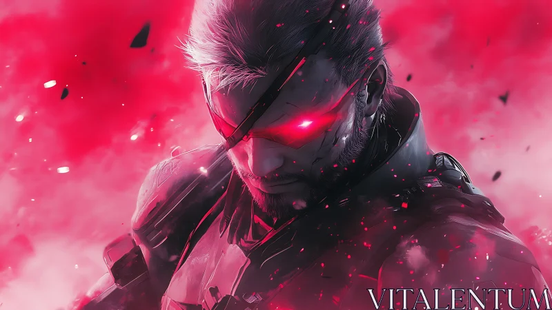 Armored cybernetic warrior with glowing red visor stares forward