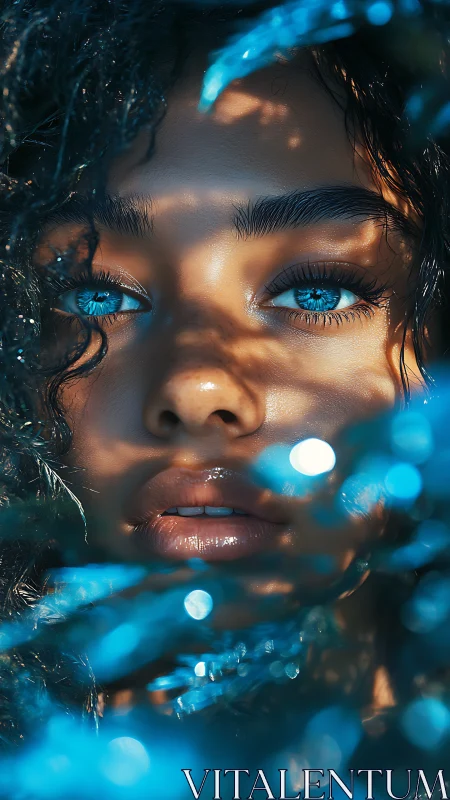 Close portrait isolates cyan-lit eyes amid shallow depth blur
