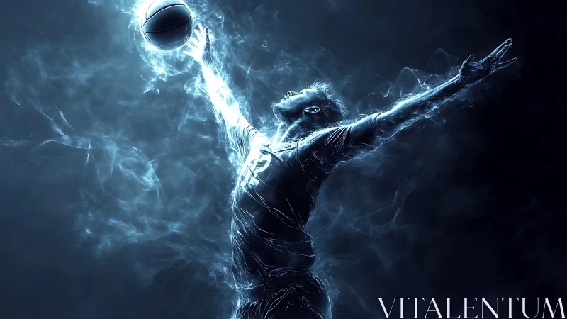 Digital energy silhouette of leaping basketball player in motion.