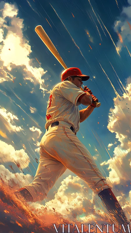 Baseball player holding bat against dynamic clouded sky.