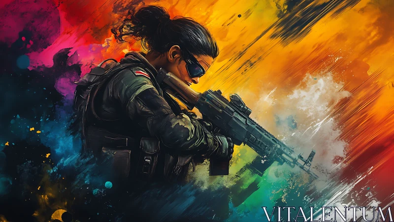 Storm of color cradles a focused soldier in painterly motion