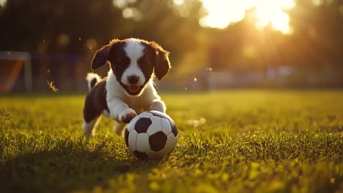 Backlit puppy dribbles soccer ball across shallow‑focus field