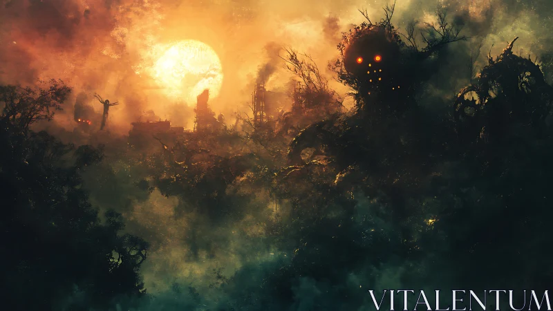 Colossal forest entity against burning industrial sunlit sky.