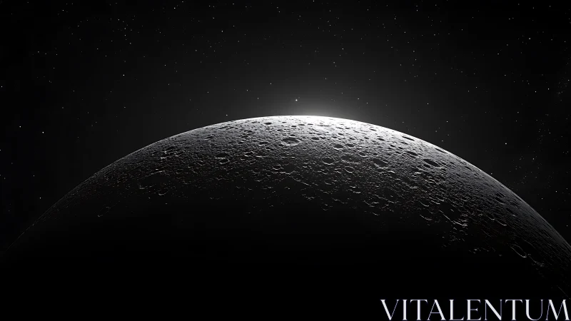 Lunar horizon with cratered surface under distant starlight.