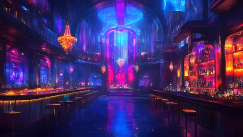 Neon lit futuristic bar interior with high vaulted ceiling.