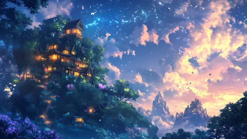 Multi-level treehouse in illuminated twilight landscape.