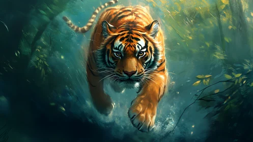 Tiger charges through misty jungle in teal light.
