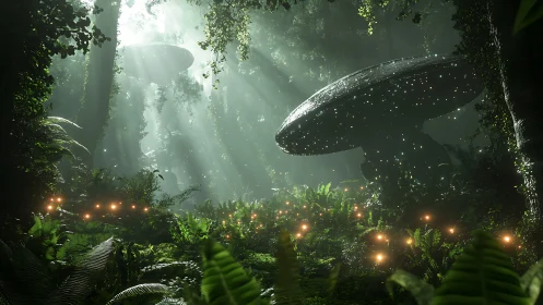 Giant glowing mushrooms in dense misty forest clearing.