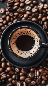 Black ceramic cup of espresso on saucer among beans.