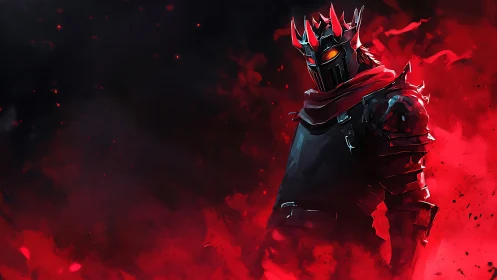 Flaming dark knight stands in crimson inferno glow.